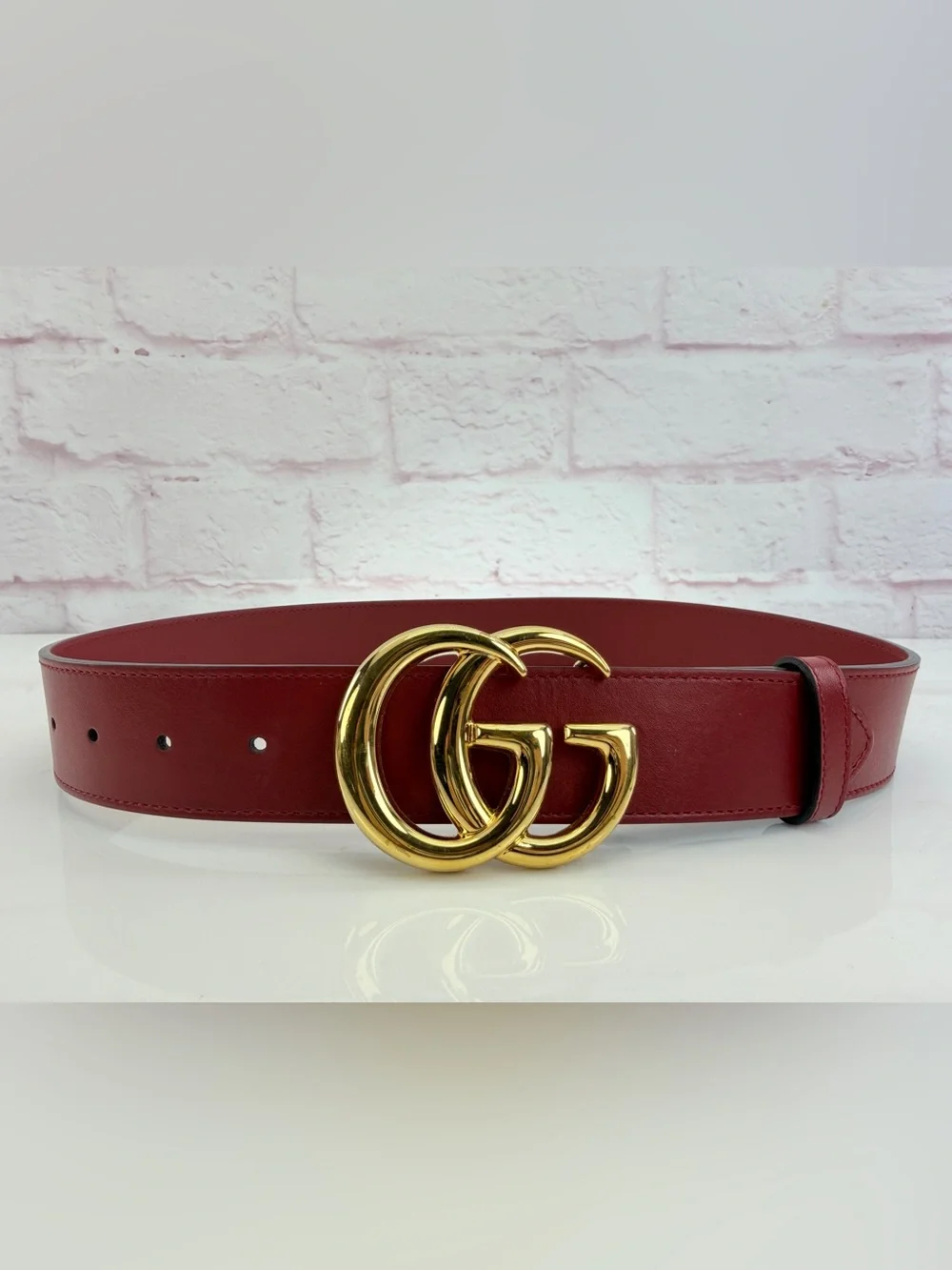 Authentic Gucci GG Marmont Wide Red Leather Belt Gold Buckle 406831 75/30